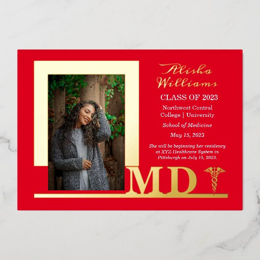 Invitation En Aluminium Élégant Dr MD Caduceus Photo Diplômé Rouge (Recto)