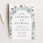 Invitation En Aluminium Elegant Dusty Blue Arch Floral Frame Wedding<br><div class="desc">Elegant floral wedding invitations featuring your wedding details with a silver foil arched frame of dusty blue and white roses,  hydrangeas,  and lush eucalyptus leaves and greenery. This dusty dusty blue wedding est parfaite pour une sauce ou summer wedding !</div>