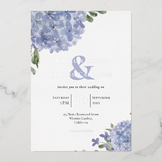 Invitation En Aluminium Elégant Dusty Blue Hydrangeas Floral Bouquets (Recto)