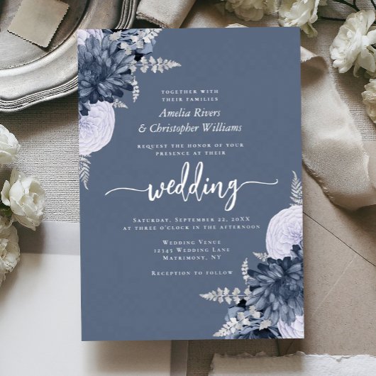 Invitation En Aluminium Elegant Dusty Blue Silver Floral Wedding