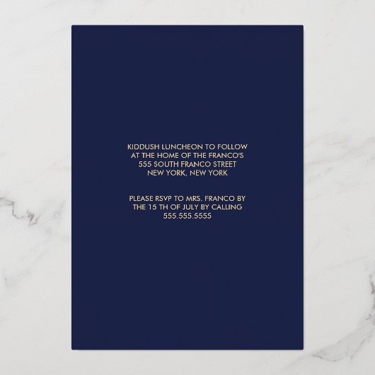 Invitation En Aluminium Elégant élégant moderne Marine bleu Bat mitzvah or (Verso)