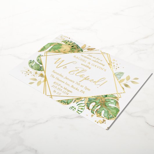 Invitation En Aluminium Élégant Elopement Tropical Mariage Réception Or (Rotation)