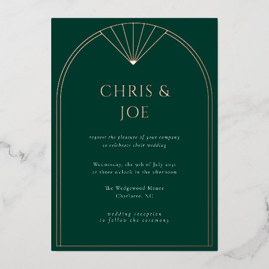 Invitation En Aluminium Élégant Emerald Green Art Déco Mariage (Recto)
