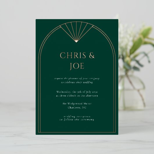 Invitation En Aluminium Élégant Emerald Green Art Déco Mariage (Debout devant)