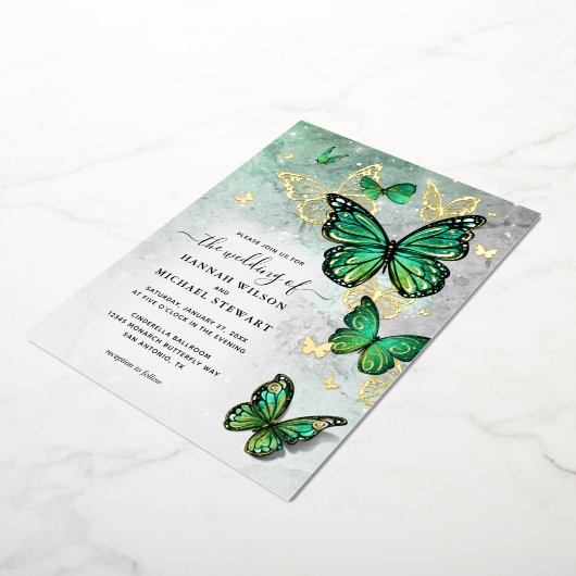 Invitation En Aluminium Élégant Emerald Green Butterfly Mariage Real (Rotation)