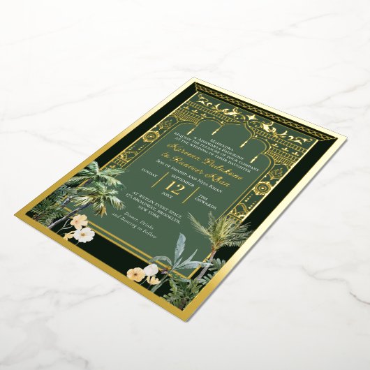 Invitation En Aluminium Élégant Emerald Green et Gold Mariage indien (Rotation)