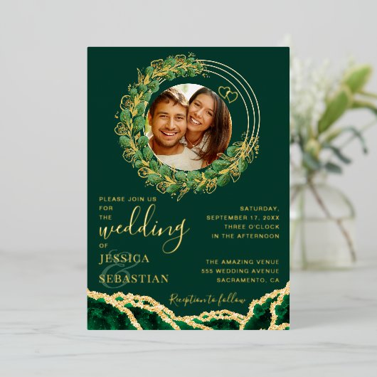 Invitation En Aluminium Élégant Emerald Green et Mariage or (Debout devant)