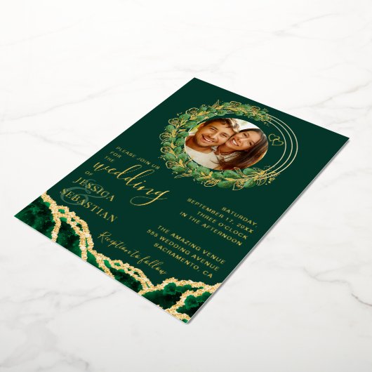 Invitation En Aluminium Élégant Emerald Green et Mariage or (Rotation)