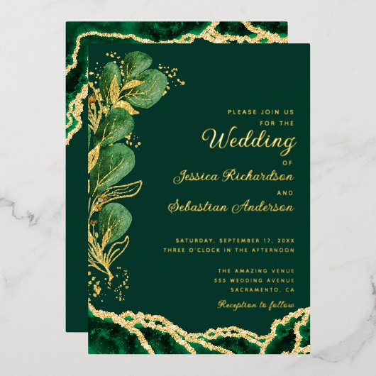 Invitation En Aluminium Élégant Emerald Green & Gold Agate Mariage (Recto/Verso)