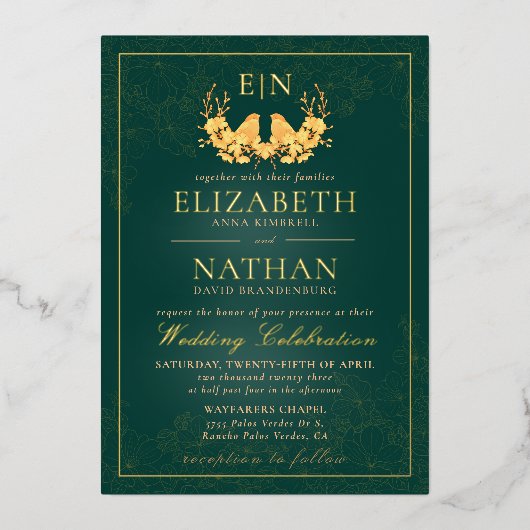 Invitation En Aluminium Élégant Emerald Green Gold Birds Monogram Mariage (Recto)