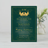 Invitation En Aluminium Élégant Emerald Green Gold Birds Monogram Mariage (Debout devant)