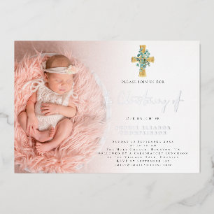 Invitation En Aluminium Élégant Eucalyptus Croix Photo Baptême Réel