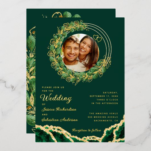 Invitation En Aluminium Élégant Eucalyptus Emerald Mariage vert et or (Recto/Verso)