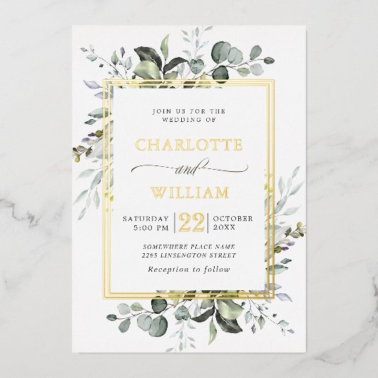 Invitation En Aluminium Elégant Eucalyptus Mariage Gold Foil Invi (Recto)