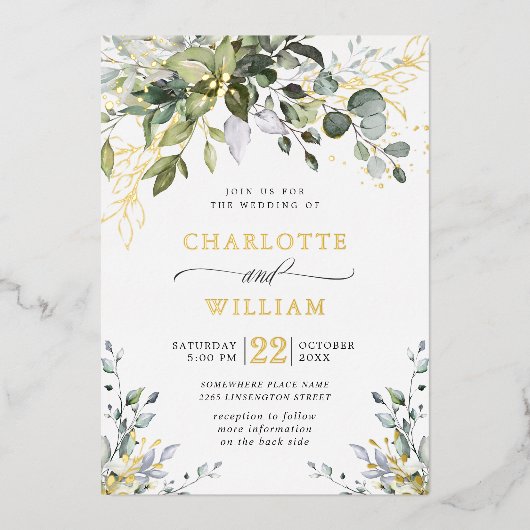 Invitation En Aluminium Elégant Eucalyptus Verdure Mariage Or (Recto)
