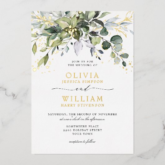 Invitation En Aluminium Elégant Eucalyptus Vert Mariage Photo Or (Recto)