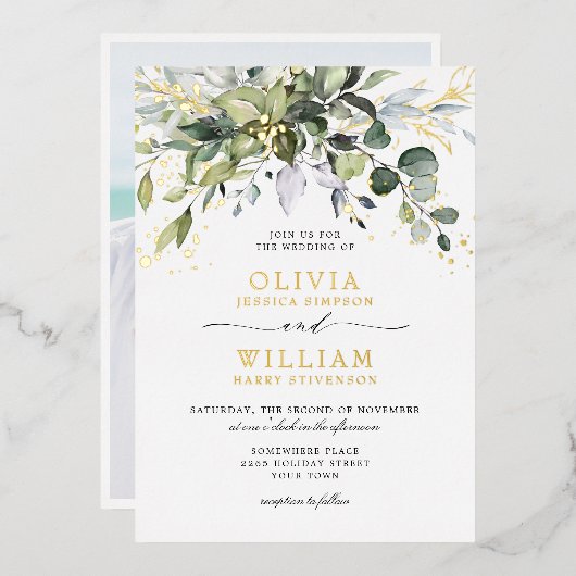 Invitation En Aluminium Elégant Eucalyptus Vert Mariage Photo Or (Recto/Verso)