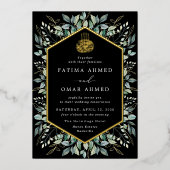 Invitation En Aluminium Élégant Feuille d'or noir Mariage musulman musulma (Recto)
