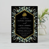 Invitation En Aluminium Élégant Feuille d'or noir Mariage musulman musulma (Debout devant)