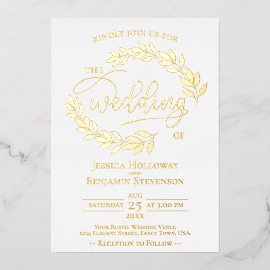 Invitation En Aluminium Elégant Feuille or sur Mariage blanc Classy (Recto)