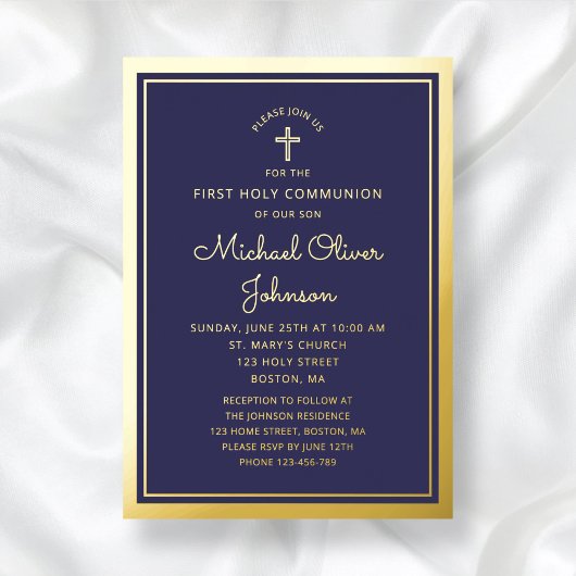 Invitation En Aluminium Elégant First Communion Marine Blue Boy Gold