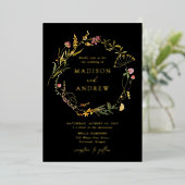 Invitation En Aluminium Élégant Fleur sauvage d'été Wreath Mariage noir (Debout devant)