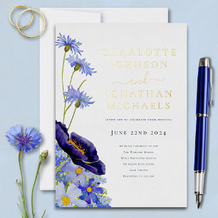Invitation En Aluminium Elégant Fleur sauvage floral bleu et or