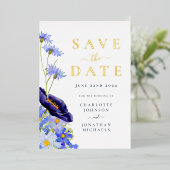 Invitation En Aluminium Elégant Fleur sauvage Gold Marine Mariage bleu (Debout devant)