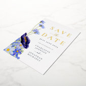 Invitation En Aluminium Elégant Fleur sauvage Gold Marine Mariage bleu (Rotation)