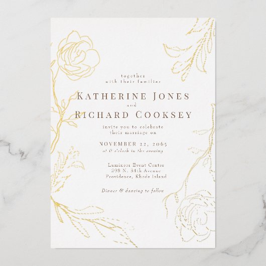 Invitation En Aluminium Elégant floral blanc Mariage or (Recto)