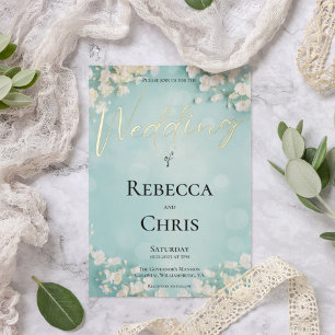Invitation En Aluminium Elégant Floral Blue Bokeh Mariage Gold