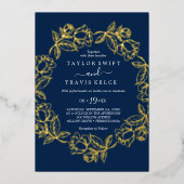 Invitation En Aluminium Élégant floral doré à motif feuille mariage bleu m (Recto)