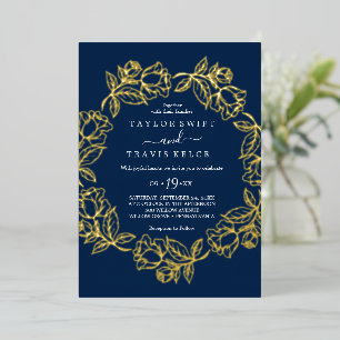 Invitation En Aluminium Élégant floral doré à motif feuille mariage bleu m