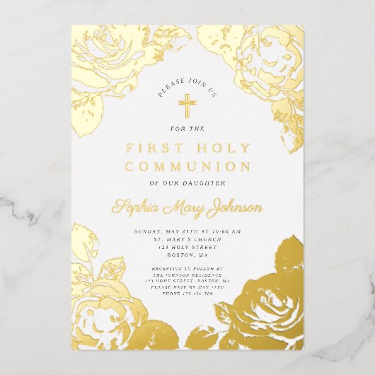 Invitation En Aluminium Elégant Floral First Communion Gold (Recto)