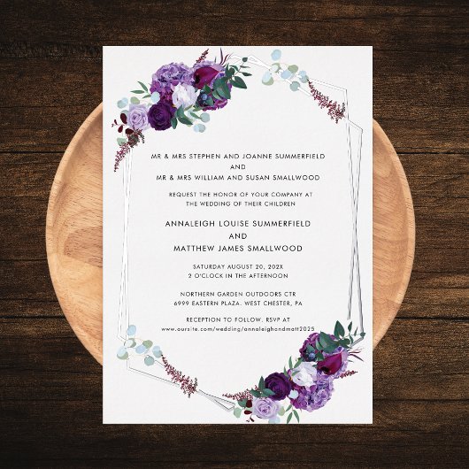 Invitation En Aluminium Élégant Floral Mariage moderne violet argent