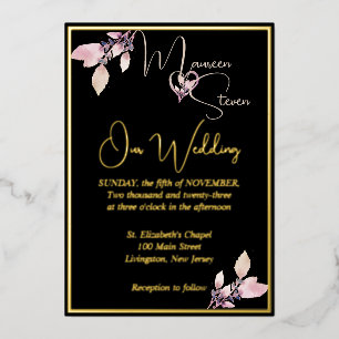 Invitation En Aluminium Élégant floral noir mariage or