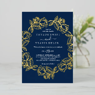 Invitation En Aluminium Élégant Floral or doré Mariage bleu marine