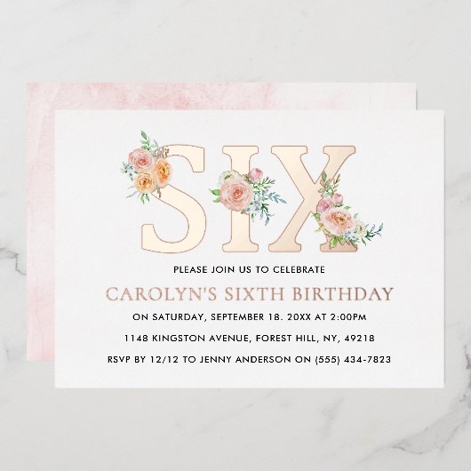 Invitation En Aluminium Élégant Floral SIX 6e anniversaire Real (Recto/Verso)