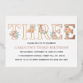 Invitation En Aluminium Elégant Floral TROIS 3e anniversaire Real (Recto)