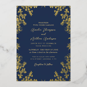 Invitation En Aluminium Élégant Floral Vintage Mariage Navy