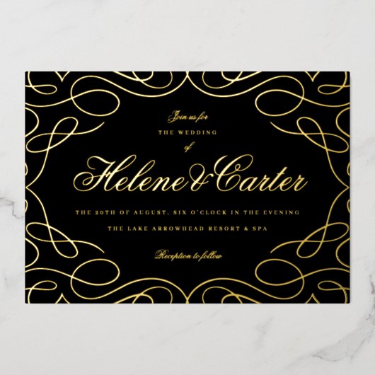 Invitation En Aluminium Élégant Flouris Mariage Calligraphie Black Gold (Recto)