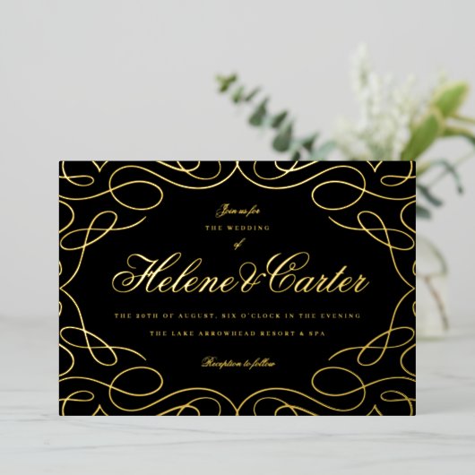 Invitation En Aluminium Élégant Flouris Mariage Calligraphie Black Gold (Debout devant)