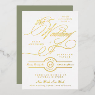 Invitation En Aluminium Élégant Formel Or Calligraphie Sage Blanc Mariage