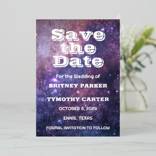 Invitation En Aluminium Élégant Galaxie Céleste QR Code Constellation (Debout devant)