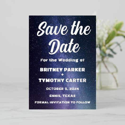 Invitation En Aluminium Élégant Galaxie Céleste QR Code Constellation (Debout devant)