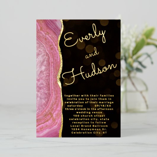 Invitation En Aluminium Elégant Galaxy Agate Géode rose et Mariage or (Debout devant)