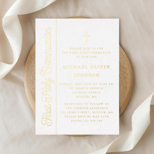 Invitation En Aluminium Élégant Garçon Script Première Communion Or