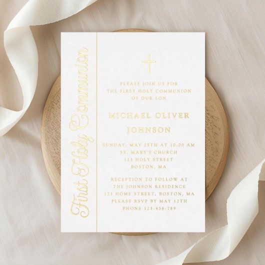 Invitation En Aluminium Élégant Garçon Script Première Communion Or