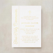 Invitation En Aluminium Élégant Garçon Script Première Communion Or