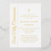 Invitation En Aluminium Élégant Garçon Script Première Communion Or (Recto)